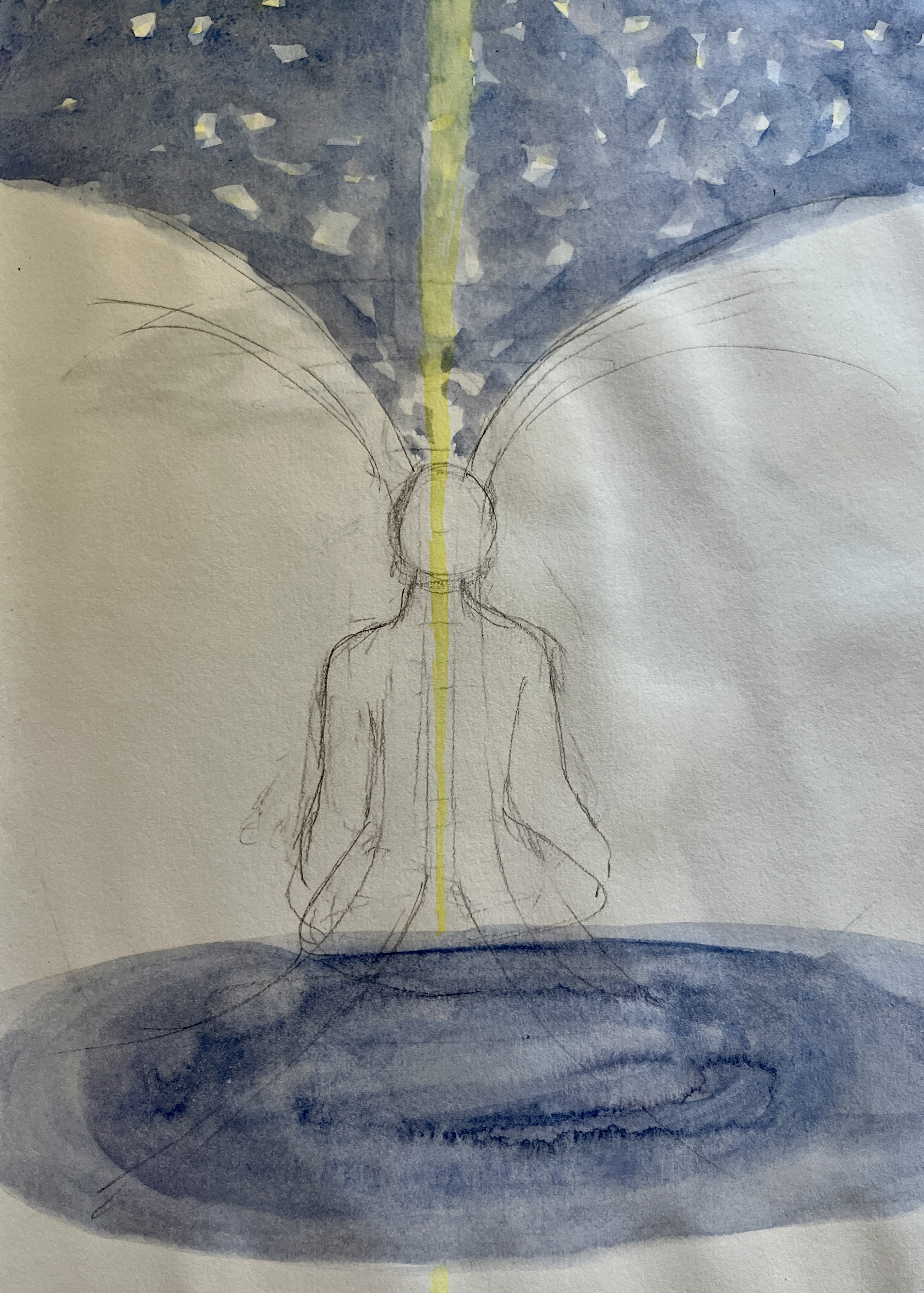 sketch of person meditating with a vertical line of light, blue above and below