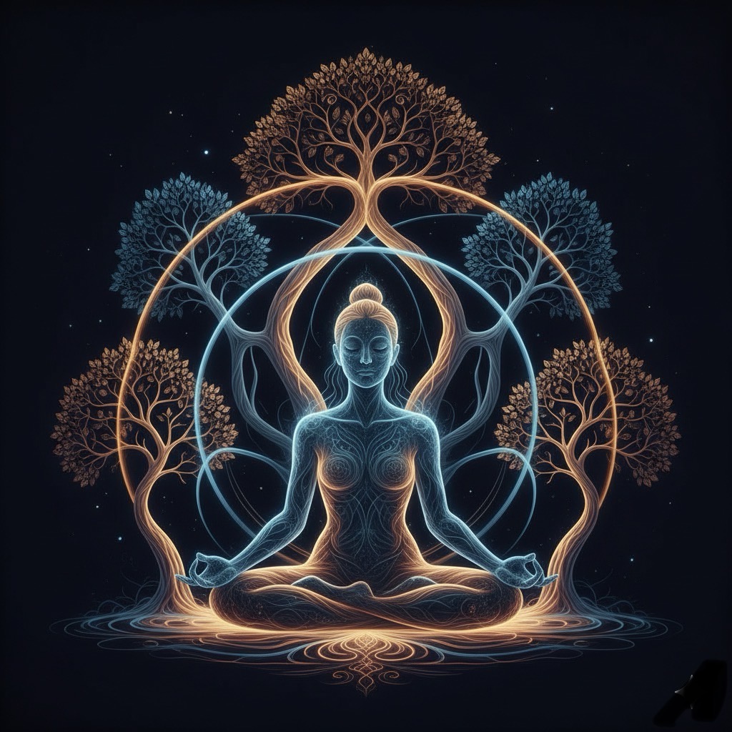 yogi sitting in front of trees with stylized subtle bodies energy ist
